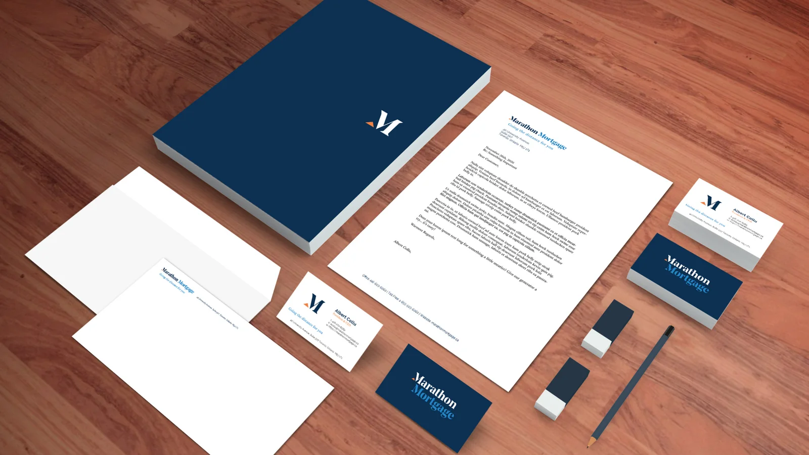 Marathon Mortgage stationery suite: folder, letterhead, envelopes and cards