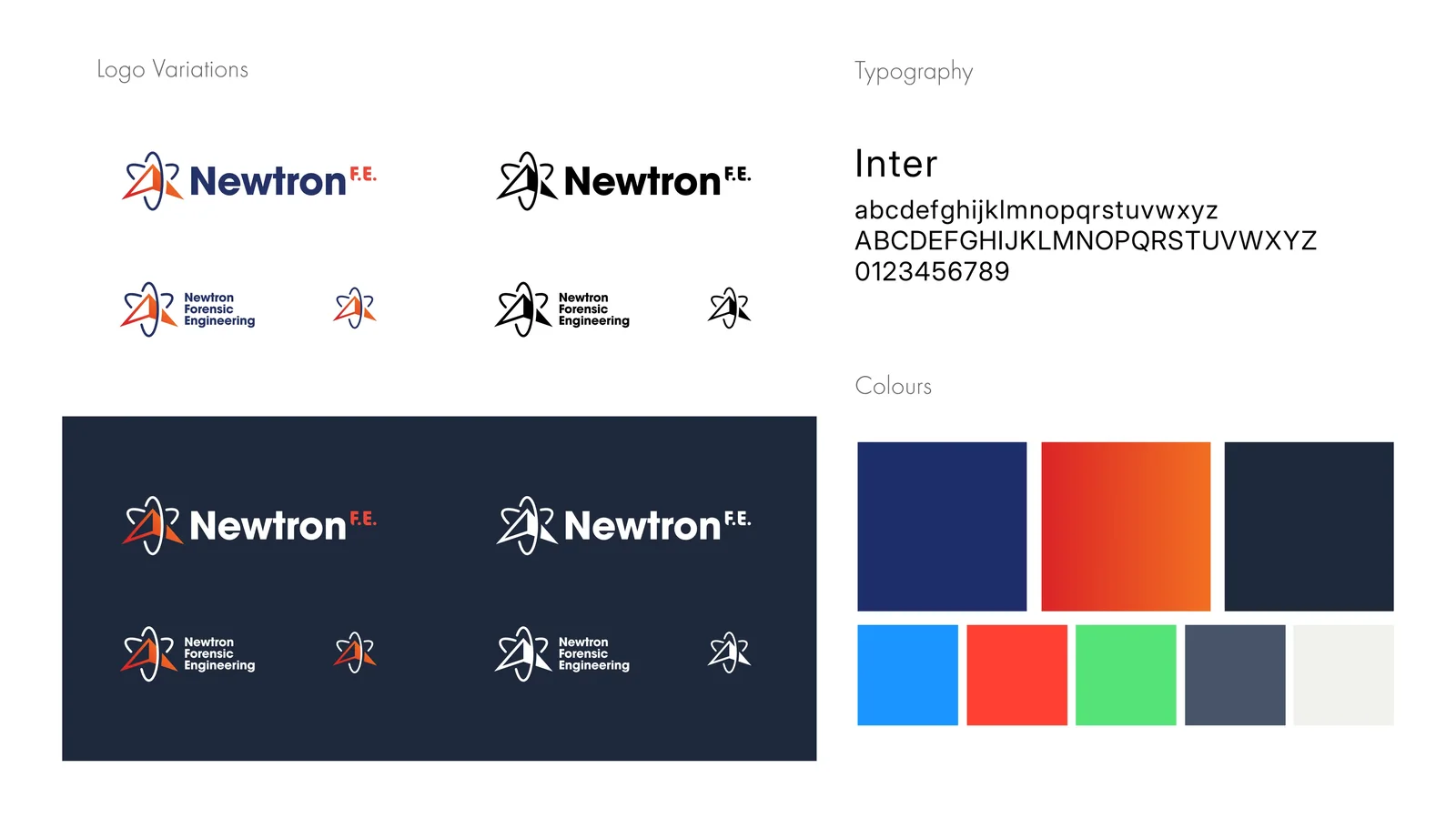 Newtron F.E. logo variations, Inter typography and colour palette