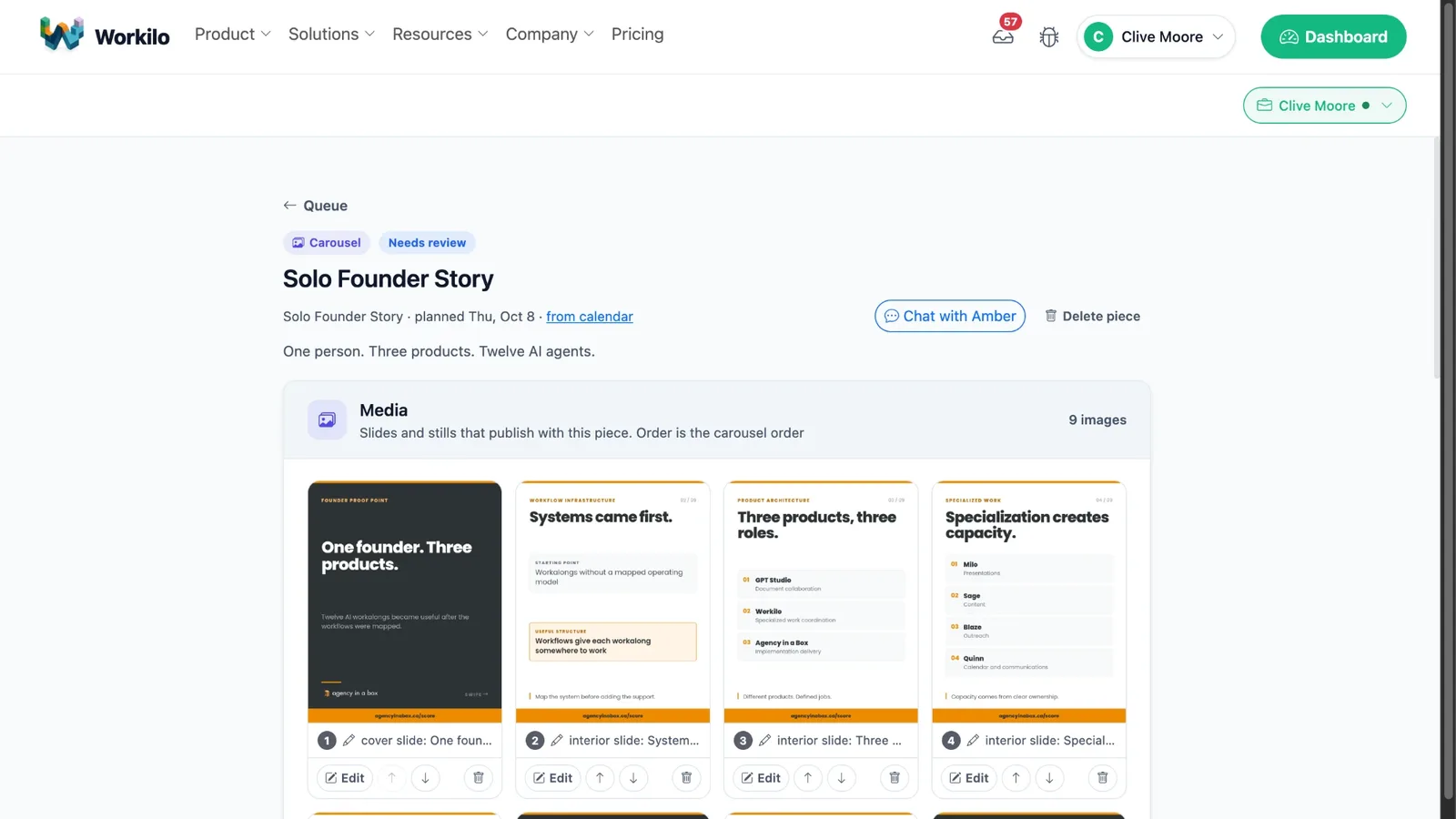 Workilo content queue showing a nine-slide carousel awaiting review and approval