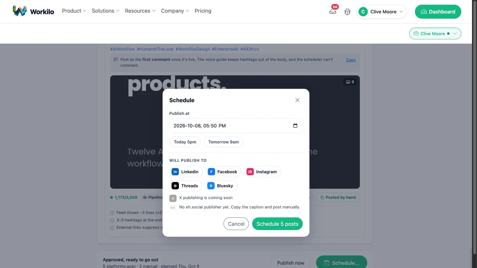 Workilo scheduling dialog listing the platforms a post will publish to
